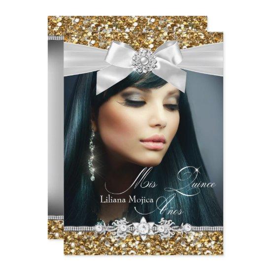 Gold Silver Glitter Bow Photo Quinceanera Invite