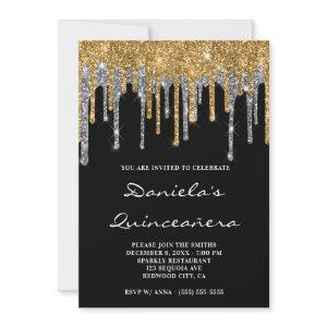 Gold Silver Glitter Drips Black Quinceañera