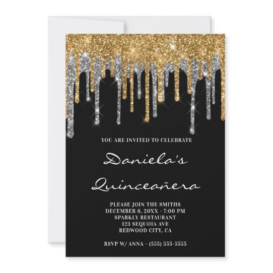 Gold Silver Glitter Drips Black Quinceañera