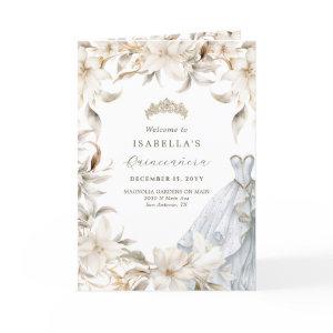 Gold Silver White Floral Folded Quinceañera Program