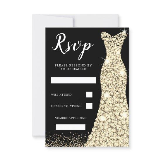 Gold Sparkle Dress Birthday Party Bridal Black RSVP Card