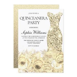 Gold Sparkle Dress & Flowers Quinceanera Party