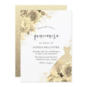 Gold Sparkle Dress & Flowers Quinceanera Party