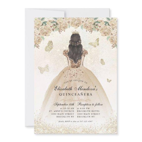 Gold Sparkle Floral Princess Quinceañera Birthday