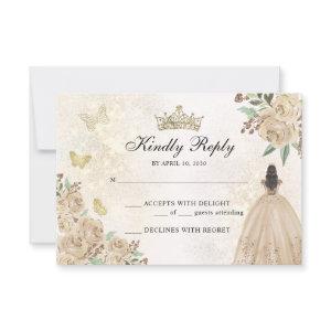 Gold Sparkle Floral Princess Quinceañera Birthday RSVP Card