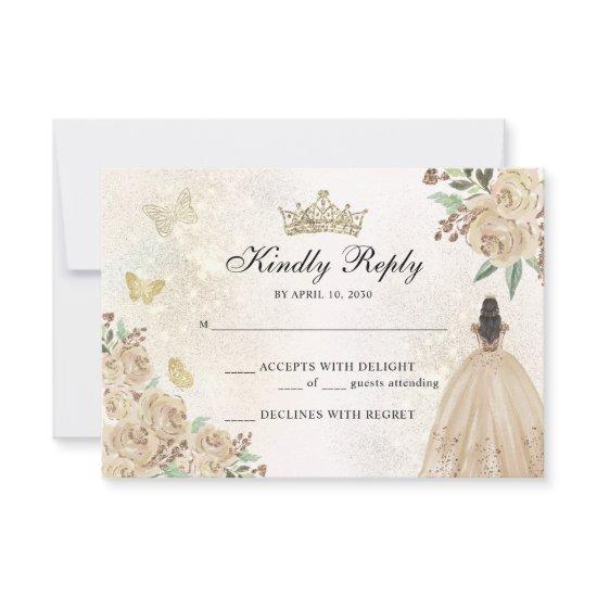 Gold Sparkle Floral Princess Quinceañera Birthday RSVP Card