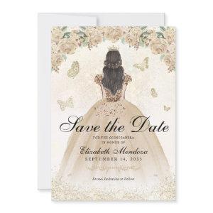 Gold Sparkle Floral Princess Quinceañera Birthday Save The Date