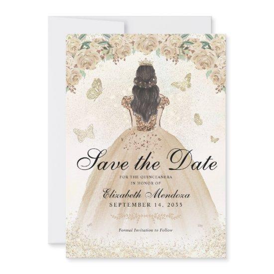 Gold Sparkle Floral Princess Quinceañera Birthday Save The Date