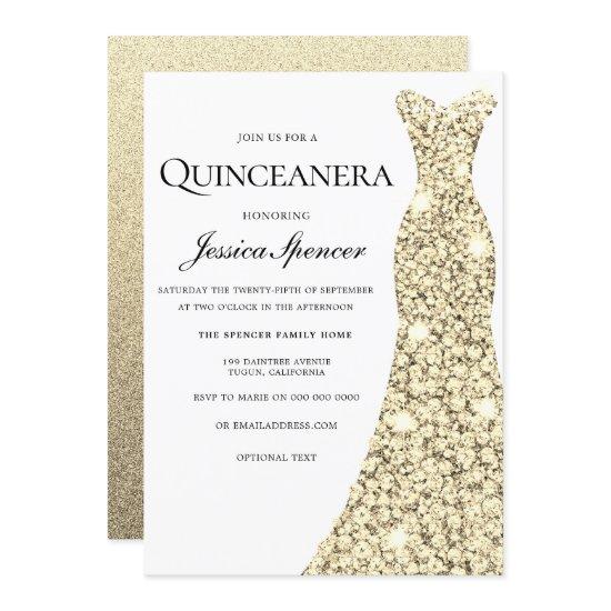 Gold Sparkle Glitter Dress Quinceanera Invite
