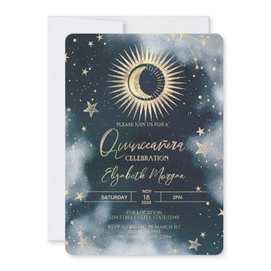 Gold Sun,Moon,Stars Night Sky Quinceanera
