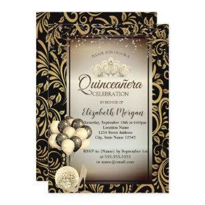 Gold Swirls,Balloons,High Heels,Tiara Quinceañera