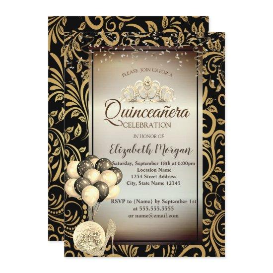 Gold Swirls,Balloons,High Heels,Tiara Quinceañera