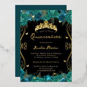 Gold Teal Black Swirl Scroll Floral Quinceanera  Foil