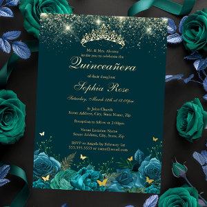 Gold Teal Blue Floral Butterfly Tiara Quinceanera Foil