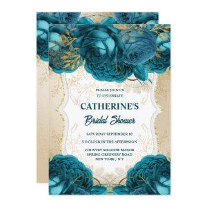 Gold teal blue rose watercolor bridal shower chic