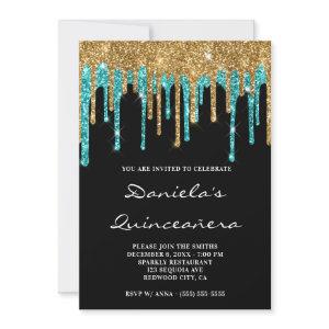 Gold Teal Glitter Drips Black Quinceañera