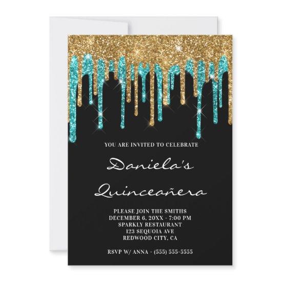 Gold Teal Glitter Drips Black Quinceañera