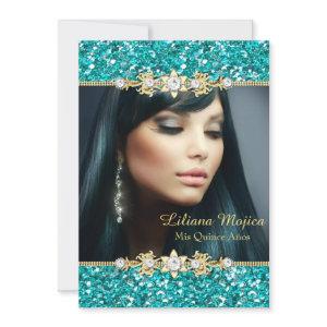 Gold Teal Glitter & Jewel Bow Quinceanera