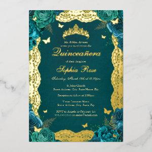 Gold Teal Rose Lace Quinceanera Birthday  Foil