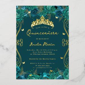 Gold Teal Swirl Scroll Floral Quinceanera  Foil