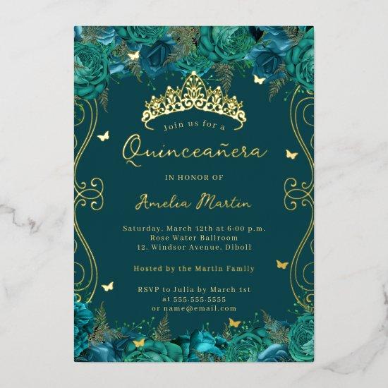 Gold Teal Swirl Scroll Floral Quinceanera  Foil