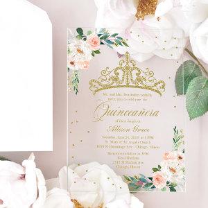 Gold Tiara Blush Flowers Quinceañera  Acrylic