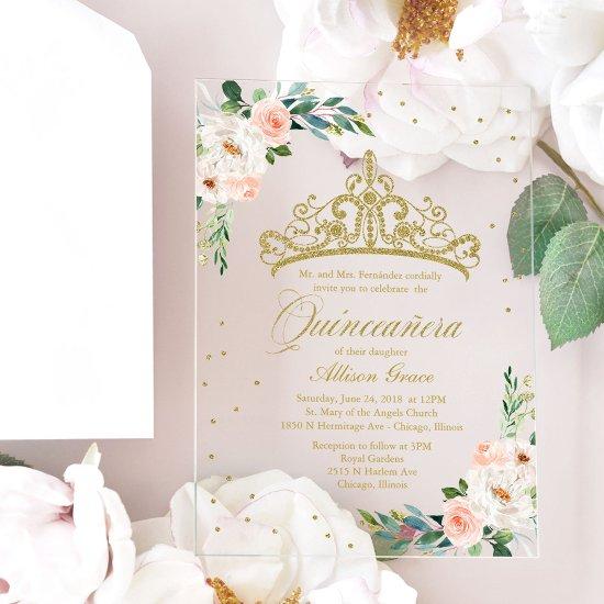 Gold Tiara Blush Flowers Quinceañera  Acrylic