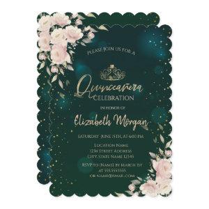 Gold Tiara,Boho Flowers Green Quinceañera