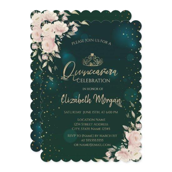 Gold Tiara,Boho Flowers Green Quinceañera