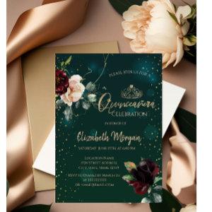 Gold Tiara,Burgundy  Flowers Green Quinceañera