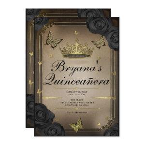 Gold Tiara Butterflies Black Roses Quinceañera