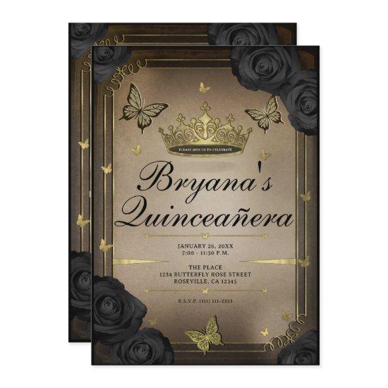 Gold Tiara Butterflies Black Roses Quinceañera