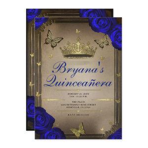 Gold Tiara Butterflies Blue Roses Quinceañera