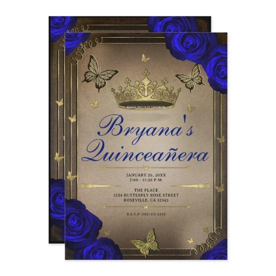 Gold Tiara Butterflies Blue Roses Quinceañera