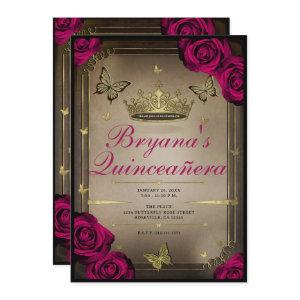 Gold Tiara Butterflies Magenta Roses Quinceañera