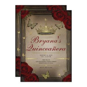 Gold Tiara Butterflies Maroon Roses Quinceañera