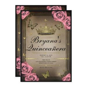 Gold Tiara Butterflies Pink Roses Quinceañera