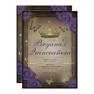 Gold Tiara Butterflies Purple Roses Quinceañera