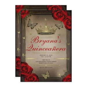 Gold Tiara Butterflies Red Roses Quinceañera Photo