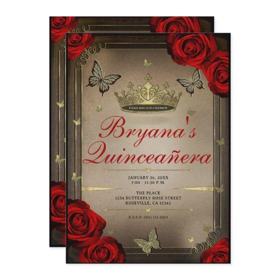 Gold Tiara Butterflies Red Roses Quinceañera Photo