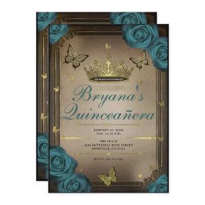 Gold Tiara Butterflies Teal Roses Quinceañera
