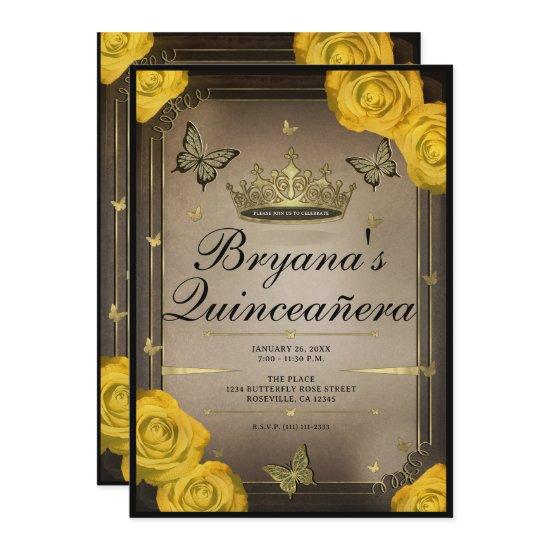 Gold Tiara Butterflies Yellow Roses Quinceañera