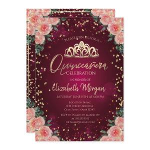 Gold Tiara,Diamonds Burgundy Floral Quinceañera