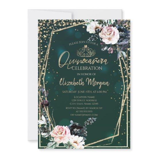 Gold Tiara,Diamonds Chic Flowers Quinceañera