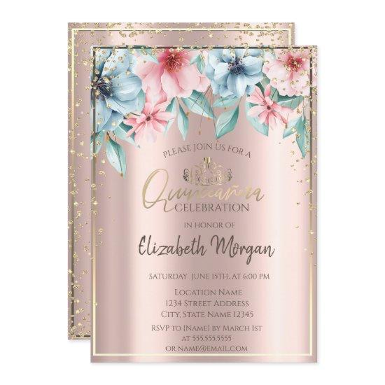 Gold Tiara,Diamonds,Floral Rose Gold Quinceañera