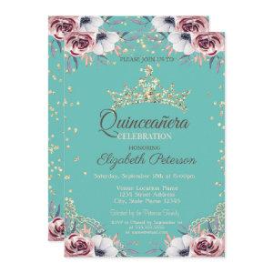 Gold Tiara,Diamonds Flowers Mint Green Quinceañera