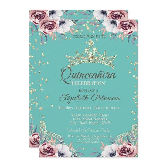 Gold Tiara,Diamonds Flowers Mint Green Quinceañera