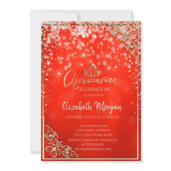 Gold Tiara,Diamonds,Snowflakes,Red Quinceañera