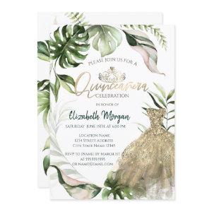 Gold Tiara Dress Tropical Leaves Quinceañera
