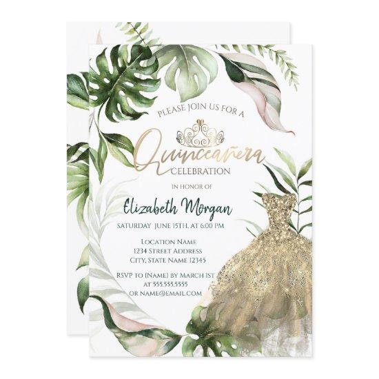 Gold Tiara Dress Tropical Leaves Quinceañera